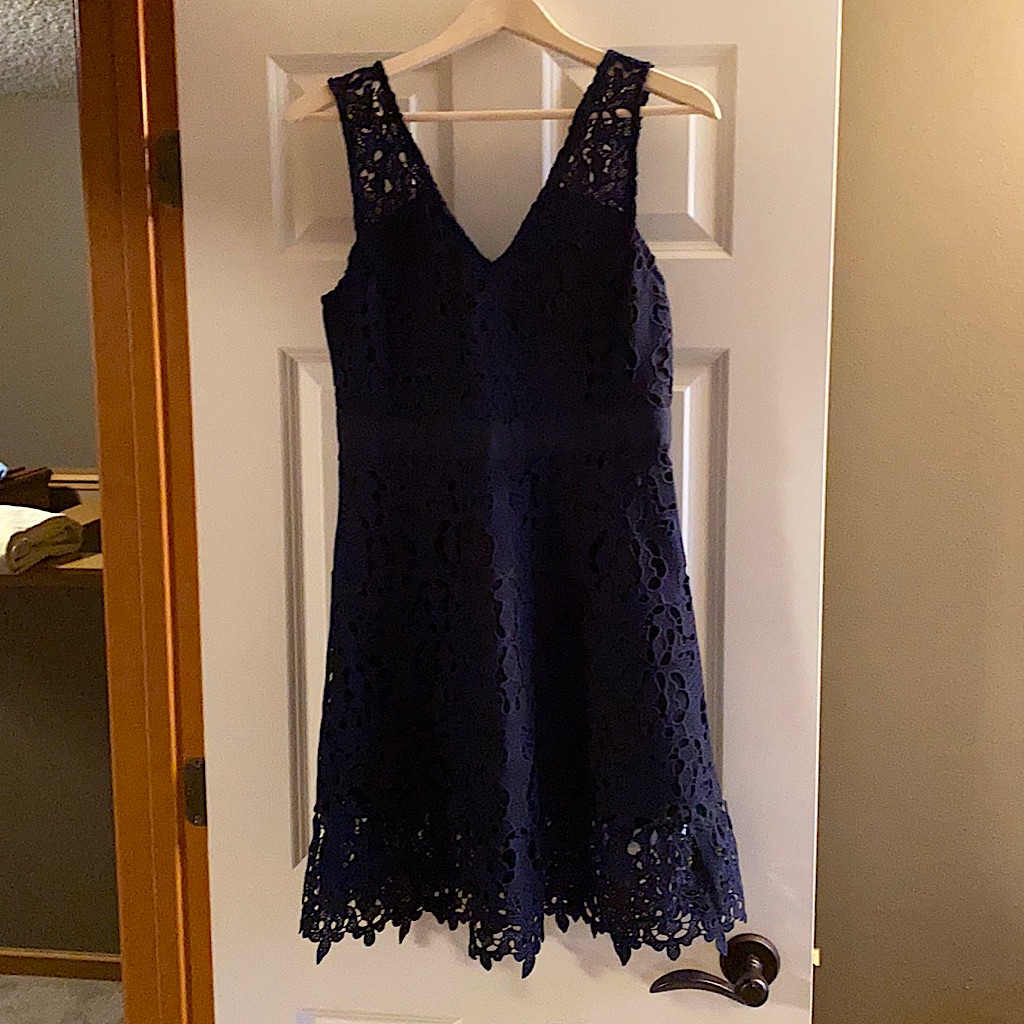 Banana Republic Navy Blue Lace Dress. Ribbon Band Across Waist. A Line Shape.